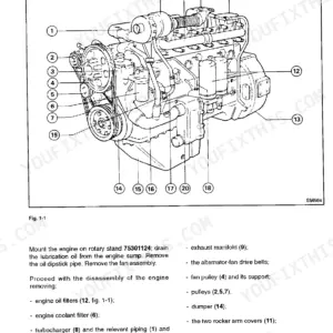 Fiat-hitachi FD 255, D 255-1T engine disassembly diagram showing numbered components and removal procedures.