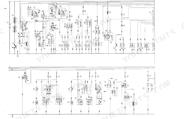 Fiat-hitachi FD 255, D 255-1T electrical wiring diagram showing battery, ignition, relays, and lighting circuits.