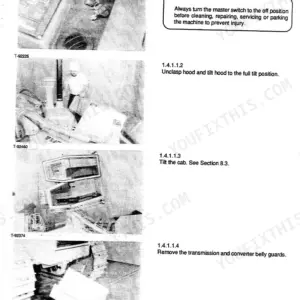 FiatAllis FL145, FL 145 crawler loader repair procedures for master switch, hood tilt, cab tilt, and belly guard removal.
