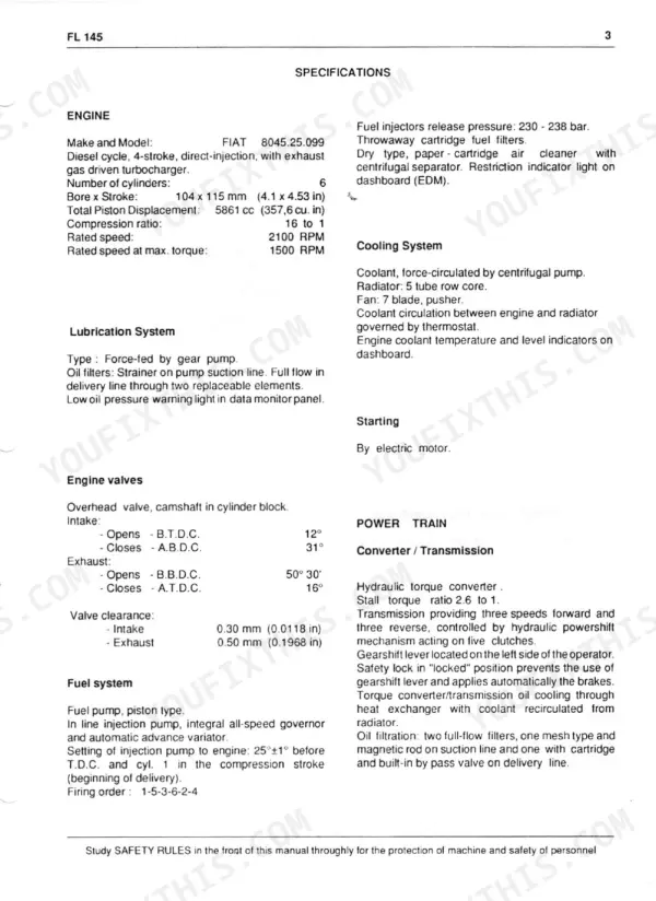 FiatAllis FL145, FL 145 crawler loader engine, cooling, lubrication, valve, fuel, and power train technical specifications