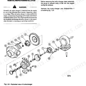 FiatAllis FR130.2 Wheel Loader turbocharger removal, inspection, and installation procedures with exploded view diagram.