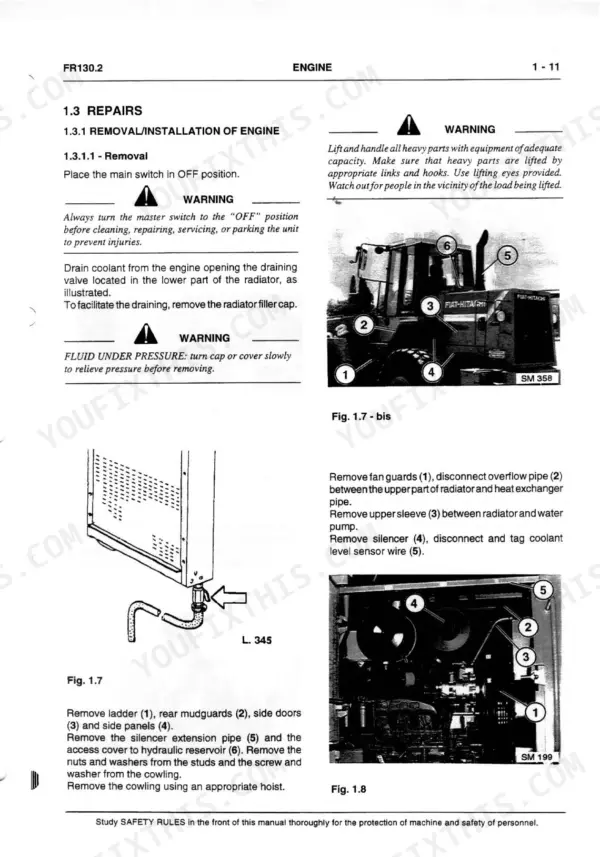 FiatAllis FR130.2, FR130.2 Wheel Loader engine removal procedure, radiator draining diagram, and component identification.
