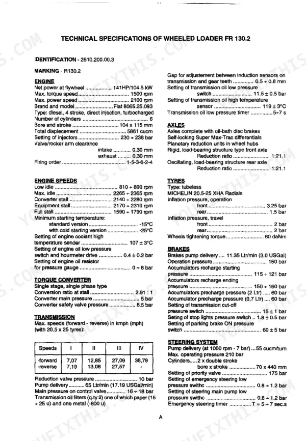 FiatAllis FR130.2, FR130.2 Wheel Loader technical specifications table for engine, transmission, axles, and brakes.