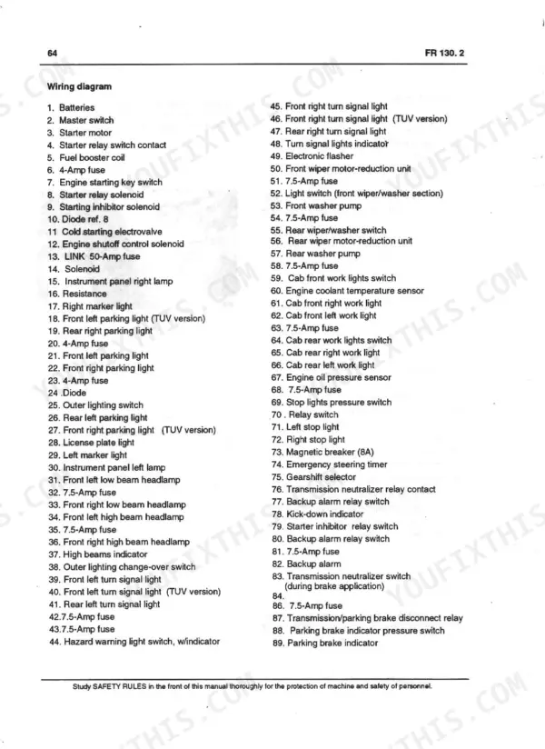FiatAllis FR130.2, FR130.2 Wheel Loader wiring diagram legend listing electrical components 1 through 89.
