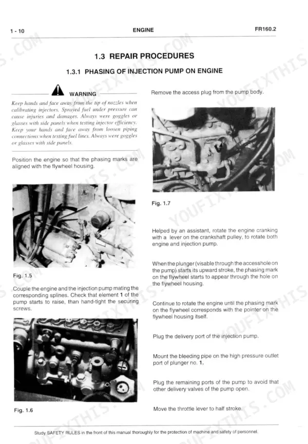 Fiat-hitachi FR 160.2 engine repair procedures for phasing the injection pump with flywheel alignment diagrams.