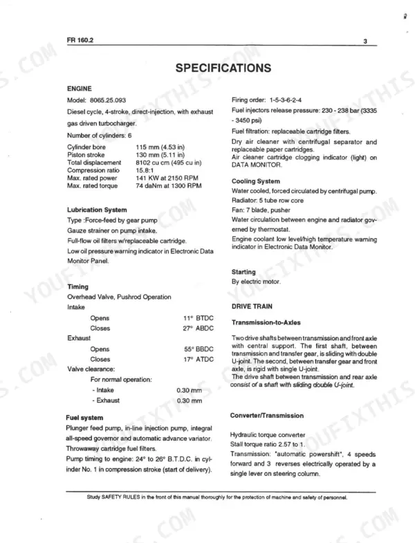Fiat-hitachi FR 160.2 engine, lubrication, timing, and drive train technical specifications table.
