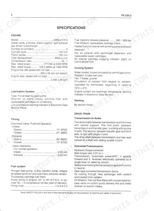 FiatAllis FR220.2, Wheel Loader specifications page covering engine, cooling, lubrication, timing, fuel, and drive train.