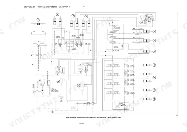 Fiat Kobelco B95, B100, B110B, B200 4WS, FB100.2, FB110.2, FB200.2 4WS main hydraulic system schematic with pressure ratings.