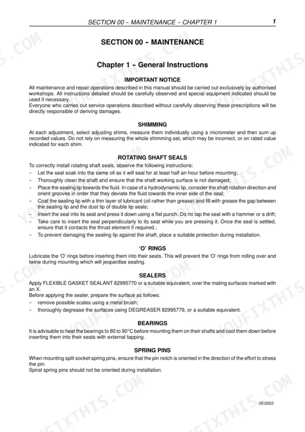 Fiat Kobelco B95, B100, B110B, B200 4WS, FB100.2, FB110.2, FB200.2 4WS maintenance general instructions for seals and pins.