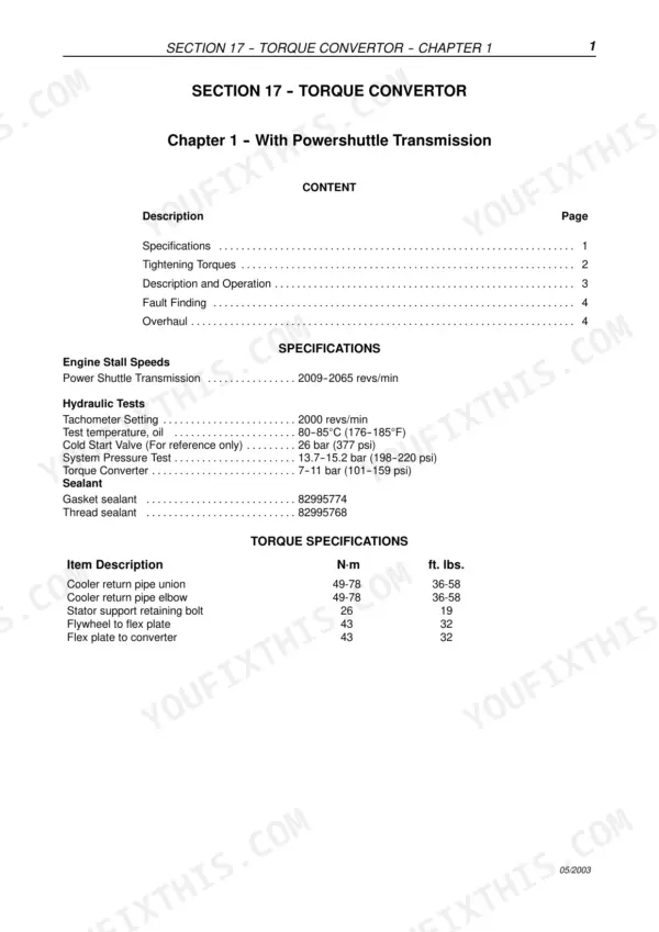 Fiat Kobelco B95, B100, B110B, B200 4WS, FB100.2, FB110.2, FB200.2 4WS torque convertor specs and tightening torque table.