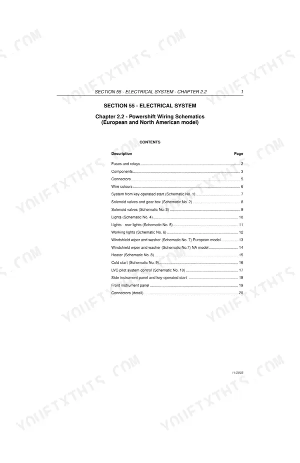 Fiat Kobelco B95, B100, B110B, B200 4WS, FB100.2, FB110.2, FB200.2 4WS electrical system powershift wiring schematics contents