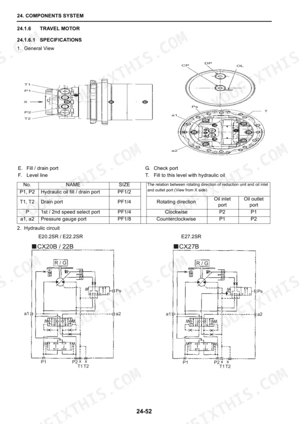 Fiat Kobelco E20.2SR, E22.2SR, E27.2SR travel motor specifications, port identification table, and hydraulic circuit diagrams.