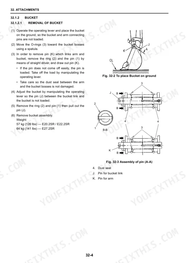 Fiat Kobelco E20.2SR, E22.2SR, E27.2SR bucket removal procedure, pin assembly diagrams, and component weights.