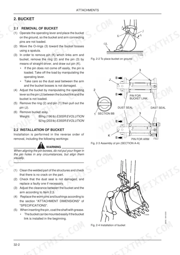 Fiat Kobelco E30SR EVOLUTION, E35SR EVOLUTION, TNE engine: Bucket removal and installation procedure with pin assembly diagrams.