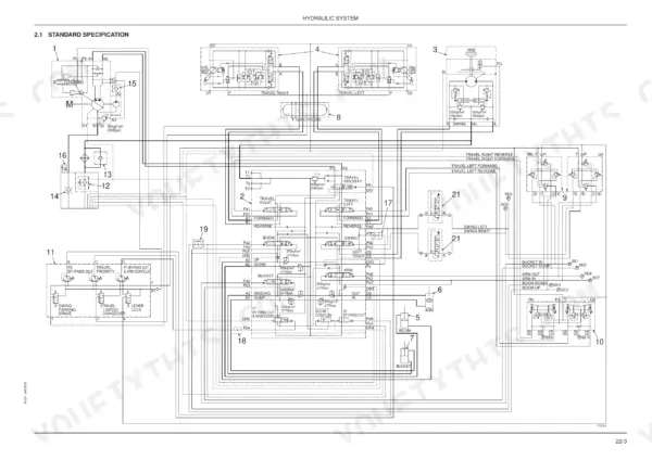 Fiat Kobelco E70SR EVOLUTION hydraulic system schematic showing travel, swing, boom, arm, and bucket control circuits.