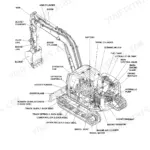 Fiat Kobelco E80 Evolution excavator component identification diagram showing boom, engine, tracks, and hydraulic parts.