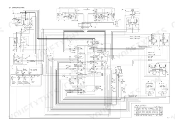 Fiat Kobelco E80 Evolution hydraulic system diagram showing main control valves, travel motors, and valve pressure settings table.