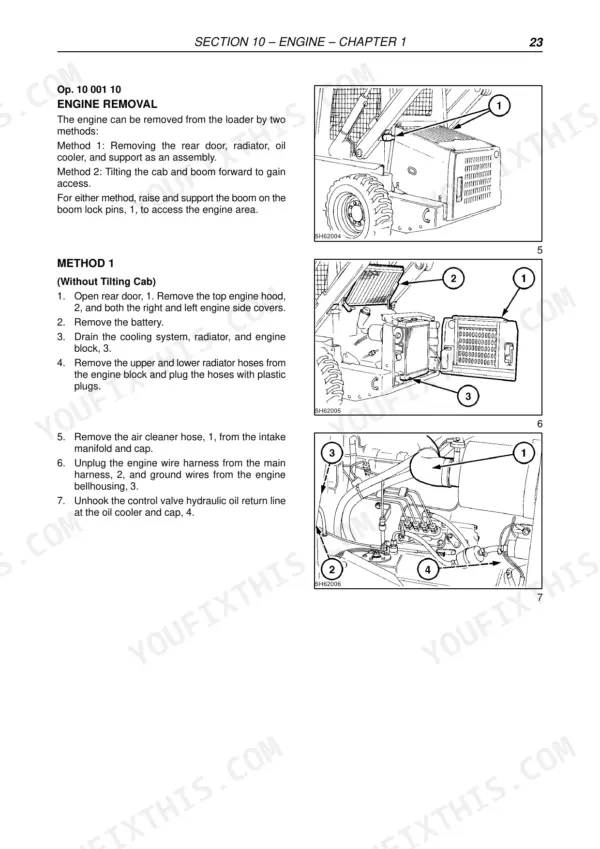 Fiat Kobelco SL45B, SL55BH engine removal procedure, including diagrams for rear door, radiator, and engine component access.