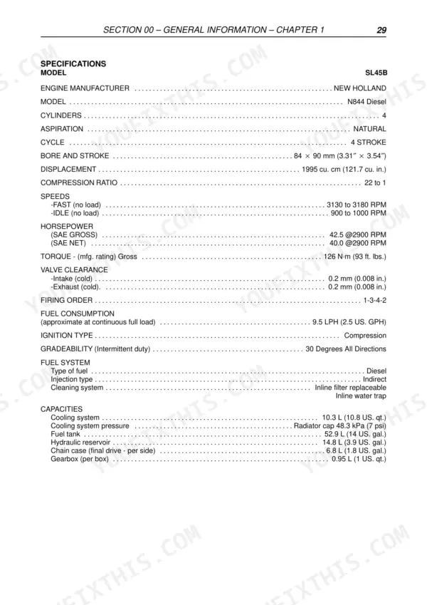 Fiat Kobelco SL45B, SL55BH engine specifications table including bore, stroke, valve clearance, and fluid capacities.