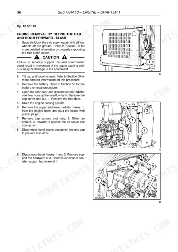 Fiat Kobelco SL65B engine removal procedure by tilting cab and boom, showing radiator and air cleaner component diagrams.