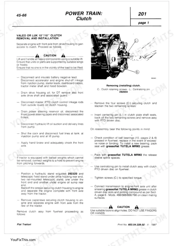Fiat 45-66 to 80-66 series tractor clutch removal and installation procedure with Valeo or LuK 10-inch clutch diagram.