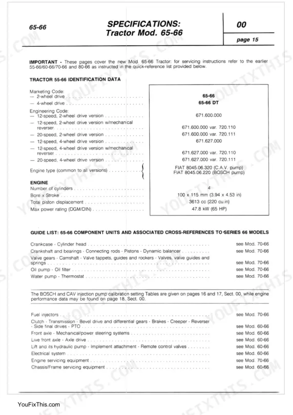 Fiat 65-66 tractor specifications table, engine data, and component cross-reference guide for Series 66 models.