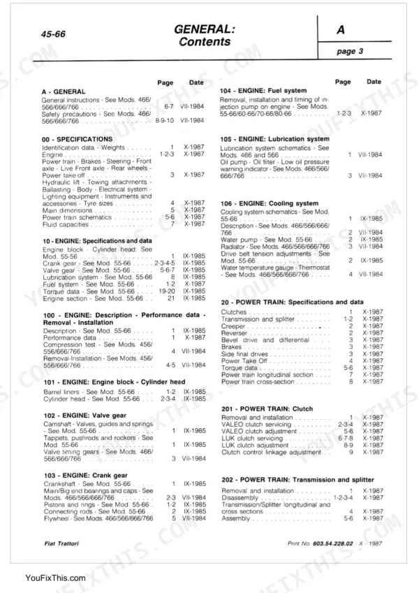 Fiat 45-66 to 80-66 Series workshop manual general contents page 3.