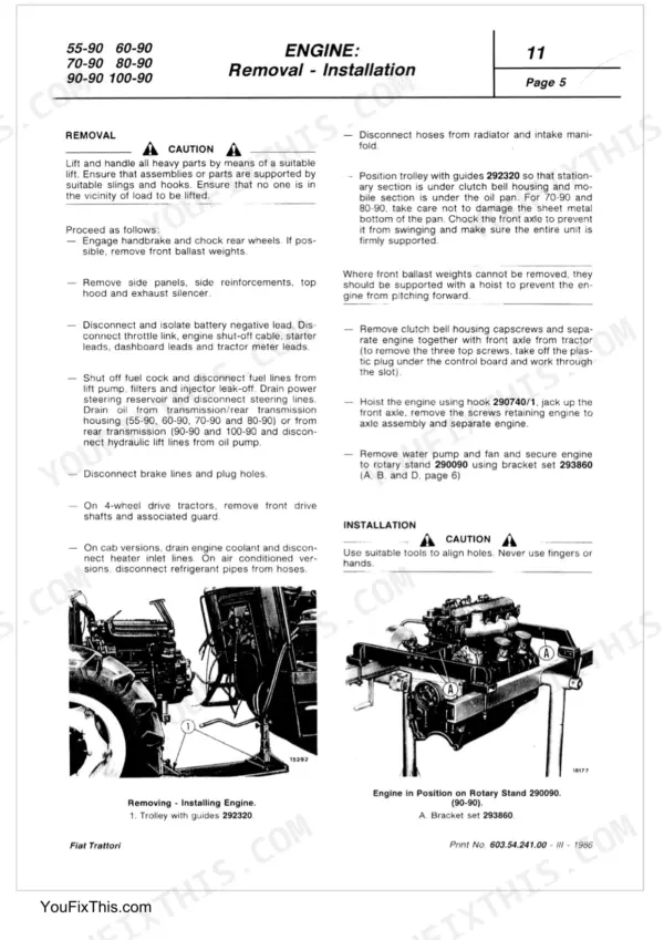 Fiat 55-90, 60-90, 70-90, 80-90, 90-90, 100-90 engine removal and installation procedures with rotary stand diagrams.