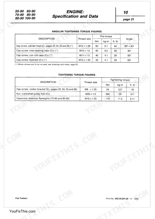 Fiat 55-90, 60-90, 70-90, 80-90, 90-90, 100-90 engine angular and standard tightening torque specification tables.