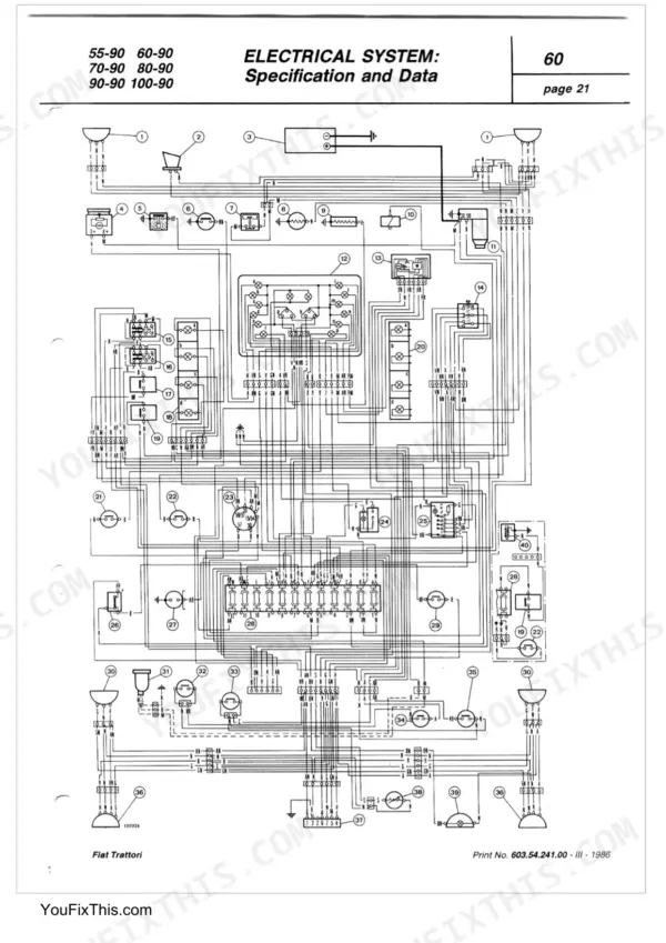 Fiat 55-90, 60-90, 70-90, 80-90, 90-90, 100-90 electrical system wiring diagram showing components and connections.