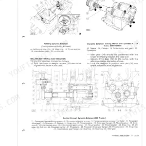 Fiat 580-580 DT, 680-680 DT engine dynamic balancer refitting and timing procedure diagrams and component list.