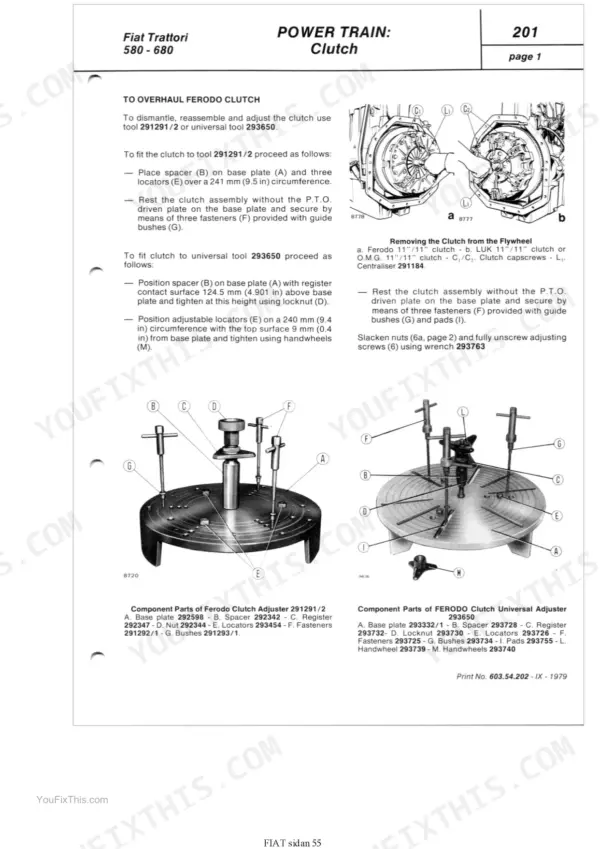 Fiat 580-580 DT, 680-680 DT clutch overhaul procedures using Ferodo clutch adjuster tools 291291/2 and 293650.