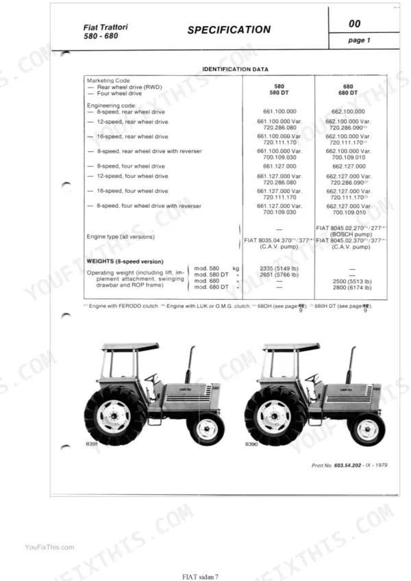 Fiat 580-580 DT, 680-680 DT specification table showing identification data, engineering codes, engine types, and weights.