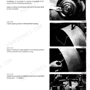 Fiatallis FD195L, FD195L CRAWLER DOZER repair procedures for torque converter installation and flywheel housing assembly.