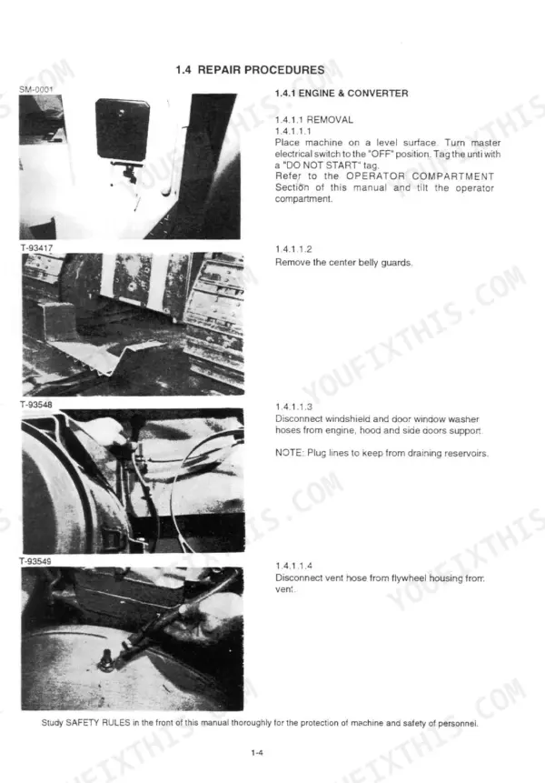 Fiatallis FD195L, FD195L CRAWLER DOZER engine and converter removal procedure steps and component photos.