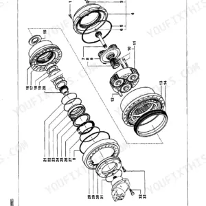 Fiatallis FD80, Crawler Dozer: Exploded view diagram of final drive gearbox disassembly with numbered components.
