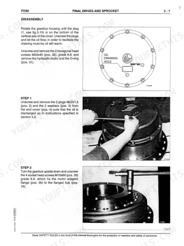 Fiatallis FD80, Crawler Dozer: Final drive gearbox disassembly, oil draining, and motor removal procedures with diagrams.