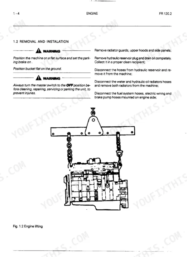 FiatAllis FR120/FR120.2 Wheel Loader engine removal and installation procedure with engine lifting diagram.