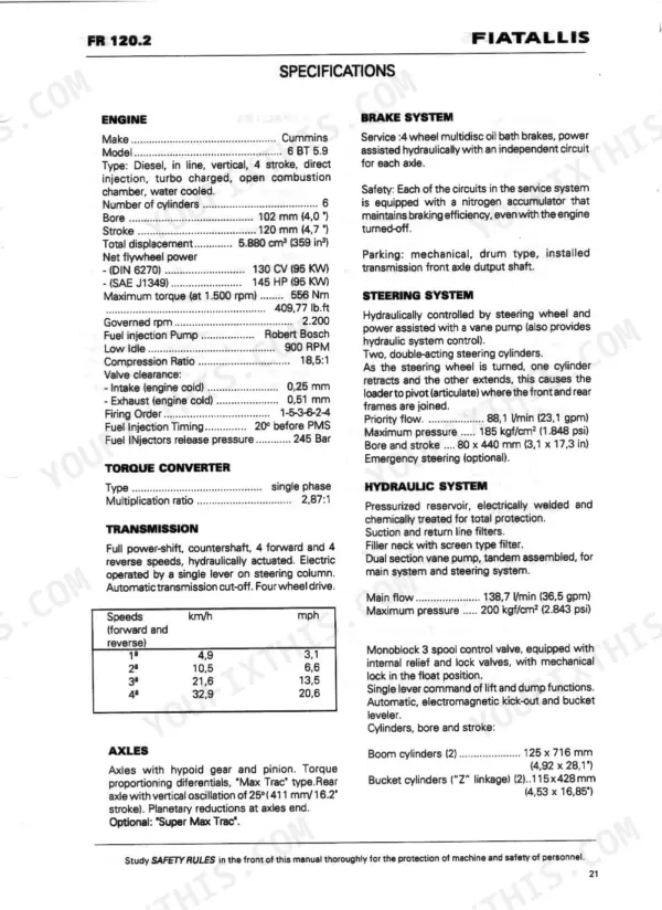 FiatAllis FR120/FR120.2 Wheel Loader technical specifications table for engine, transmission, brakes, and hydraulics.