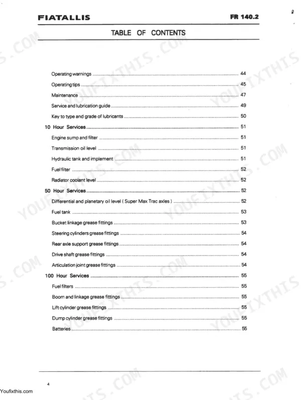 FiatAllis FR140.2, WHEEL LOADER table of contents page showing maintenance intervals for 10, 50, and 100 hour services.