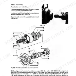 FiatAllis FR180.2, WHEEL LOADER, axle reassembly procedures and final drive exploded view with torque specifications.