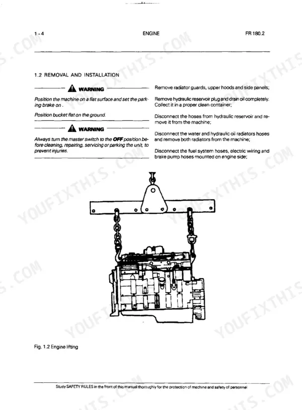 FiatAllis FR180.2, WHEEL LOADER engine removal and installation procedure with lifting diagram and safety warnings.