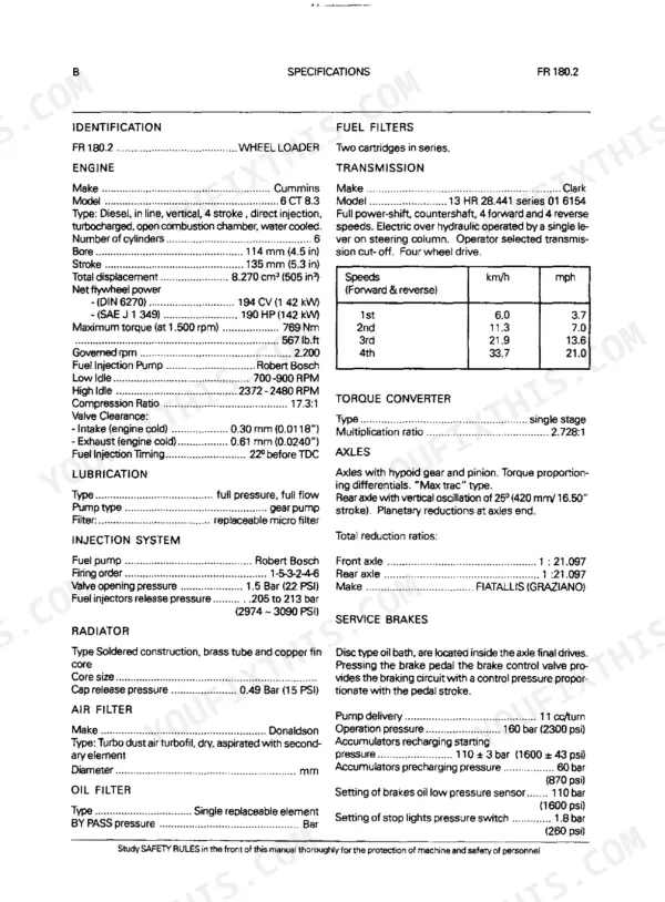 FiatAllis FR180.2, WHEEL LOADER technical specifications table for engine, transmission, axles, and brake systems.