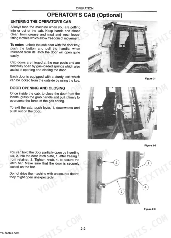 Fiatallis FT110 operator cab door operation, locking, and latching procedures with diagrams of door components.