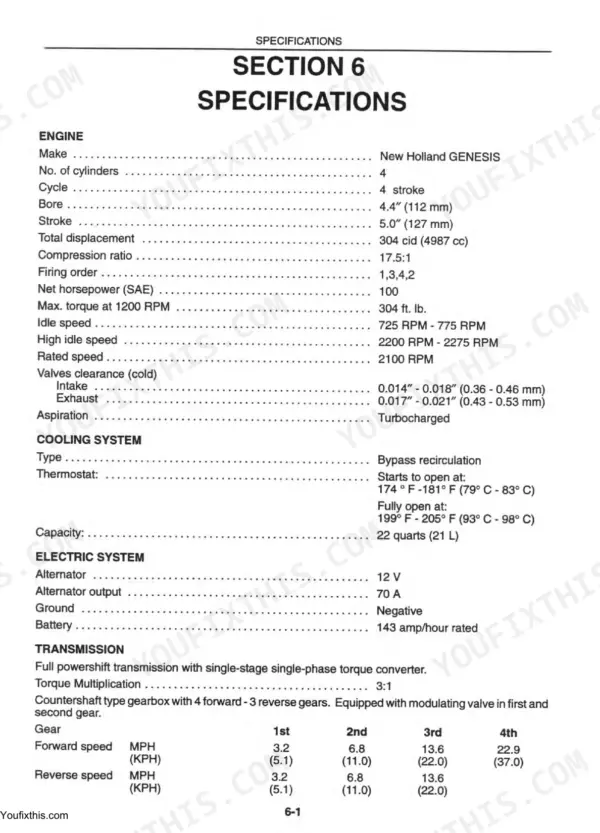Fiatallis FT110 engine, cooling, electric system, and transmission technical specifications table.