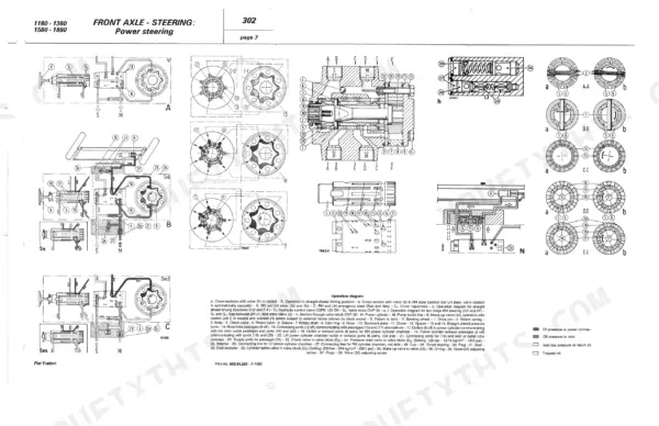 Fiat 1180, 1280, 1380, 1580, 1880 power steering hydraulic system diagrams, cross-sections, and operation flow.