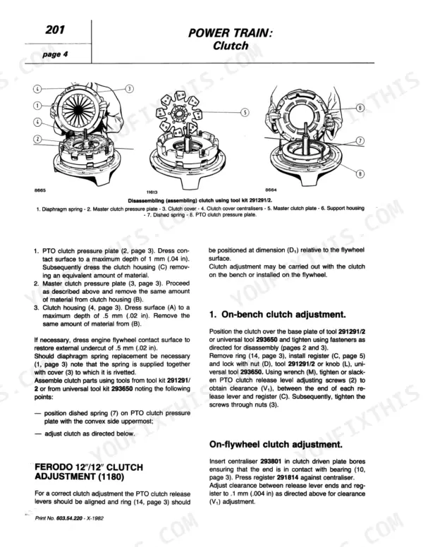 Fiat 1180, 1280, 1380, 1580, 1880 clutch disassembly, assembly, and adjustment procedures using tool kit 291291/2.