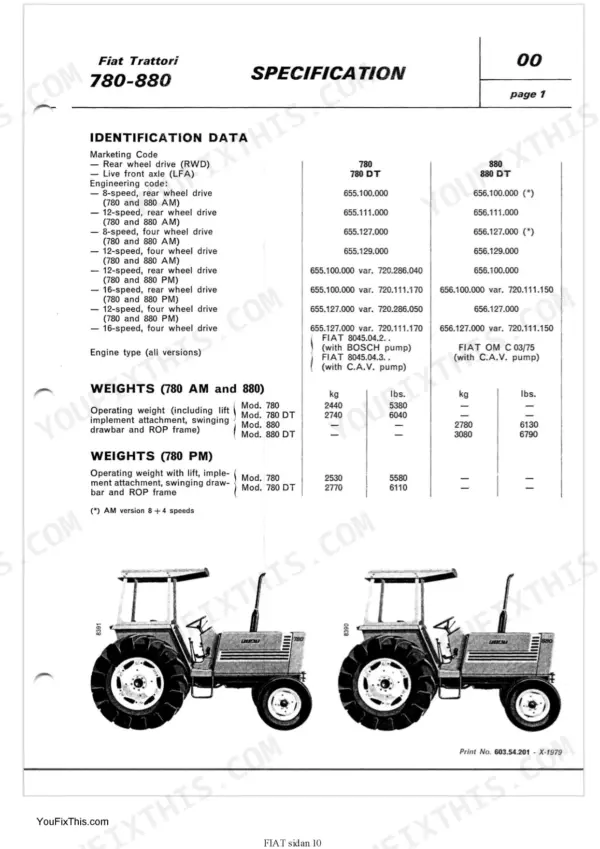 Fiat 780-780 DT, 880-880 DT identification data, engineering codes, and operating weight specification tables.