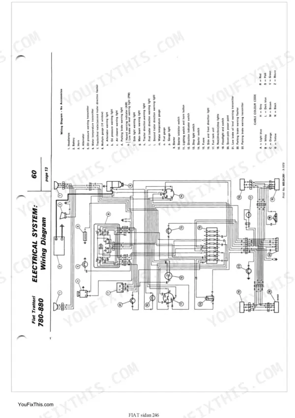 Fiat 780-780 DT, 880-880 DT electrical system wiring diagram with component legend and cable color code.