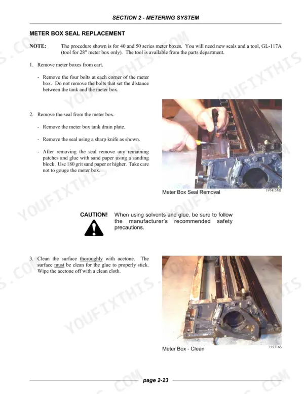 Flexi-Coil 1330 Plus, 2640, 40, 50 Air Cart meter box seal replacement procedure with removal and cleaning steps.